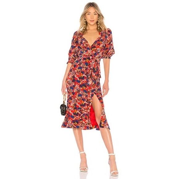 SALONI Red Floral Flame Azalea Olivia Tie-Waist 100% Silk Ruched Ruffles Dress 6 - Picture 16 of 16